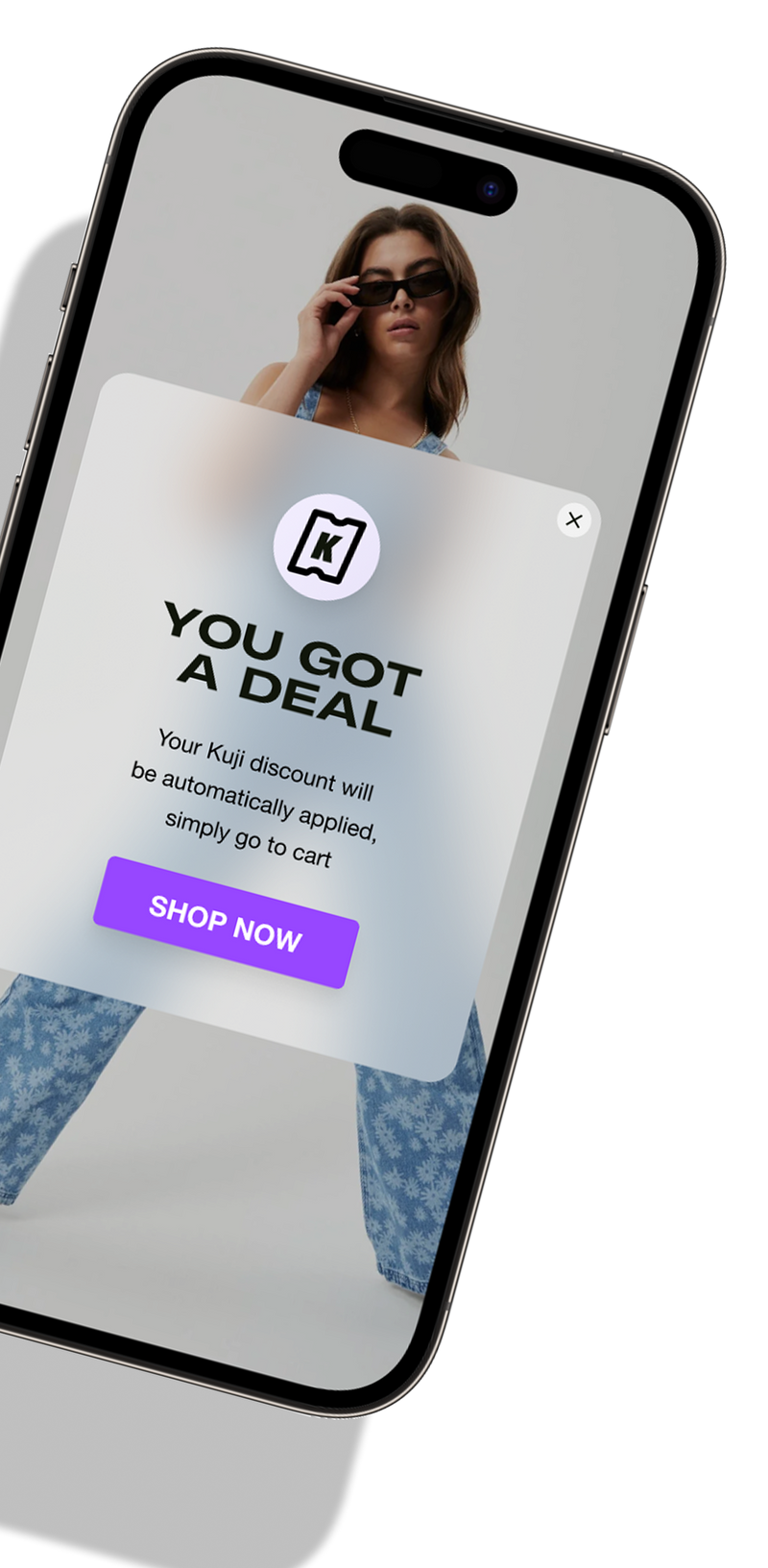Phone displaying a shopping app with a discount message on a white background